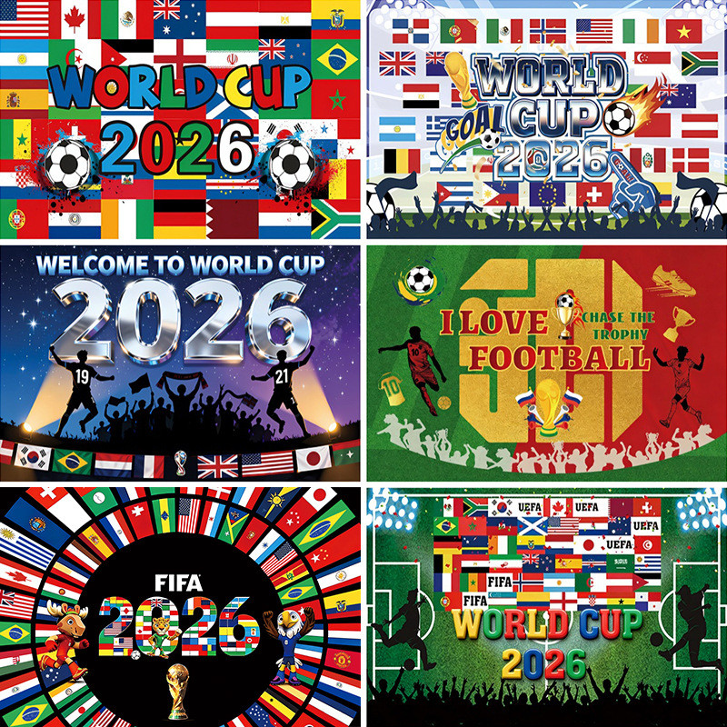 แบนเนอร์ฉากหลังธีมฟุตบอลโลก 2026 – แบนเนอร์ตกแต่งฟุตบอล สนาม อุปกรณ์ประกอบฉากพัดลมเชียร์ & ผ้ารองรับสําหรับวันแมทช์