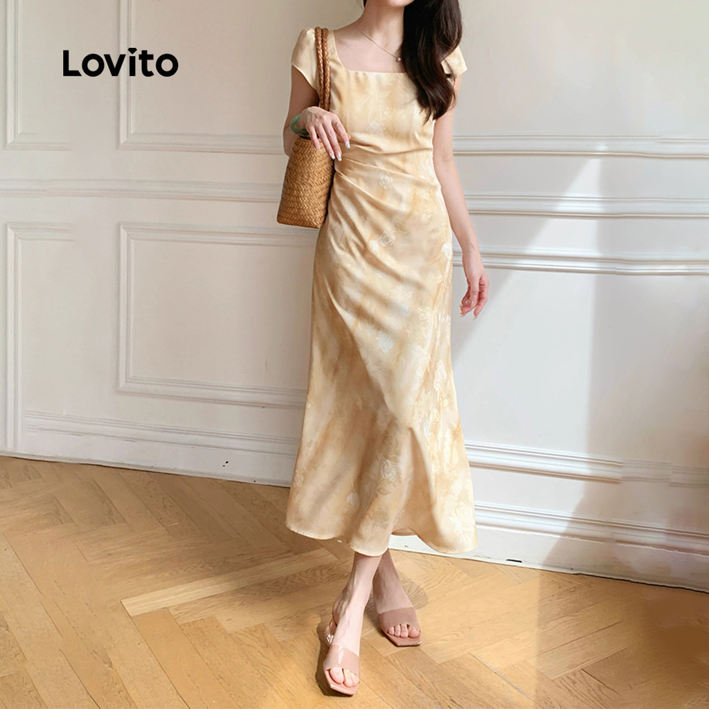 Lovito ชุดเดรสลําลองซิปฤดูร้อนฤดูใบไม้ผลิชุดเดรสสีเหลืองสําหรับผู้หญิง L140EDBR018