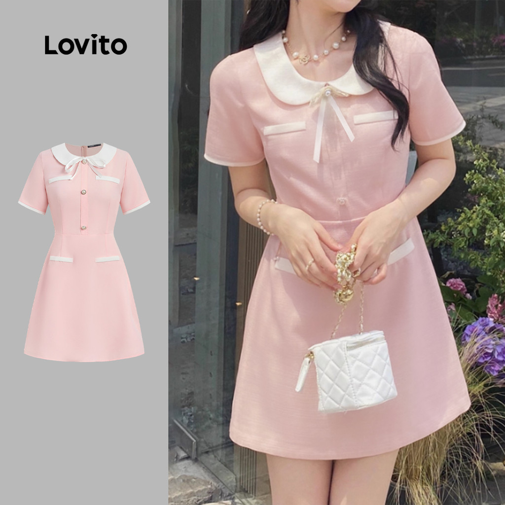Lovito  เดรสลําลองซิปสีตัดโบว์ฤดูใบไม้ผลิ/ฤดูร้อนสีชมพูสําหรับผู้หญิง L171ED131 – โปรปัง