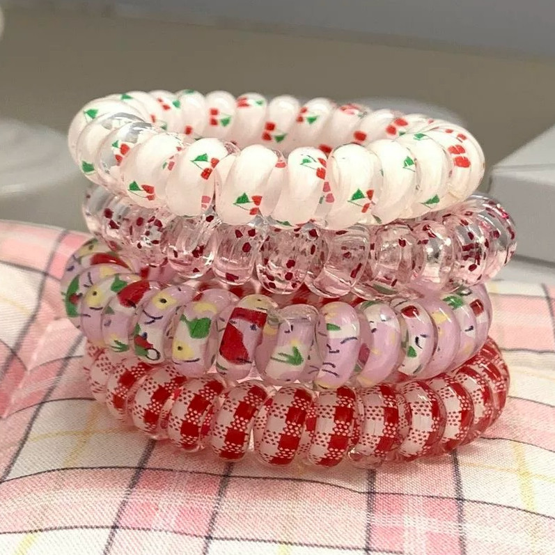 4 ชิ้นความยืดหยุ่นโปร่งใสเชอร์รี่เกลียวเชือกผมผูกผม Scrunchies เครื่องประดับผม