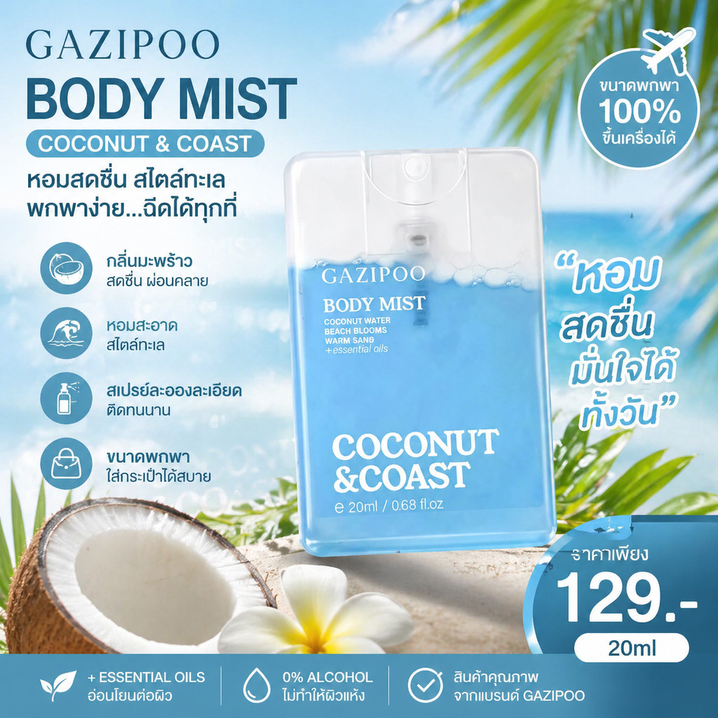 GAZIPOO น้ำหอมการ์ด Coconut & Coast หอมสดชื่นฟีลทะเล มะพร้าวละมุน พกพาง่าย ติดทน 20ml