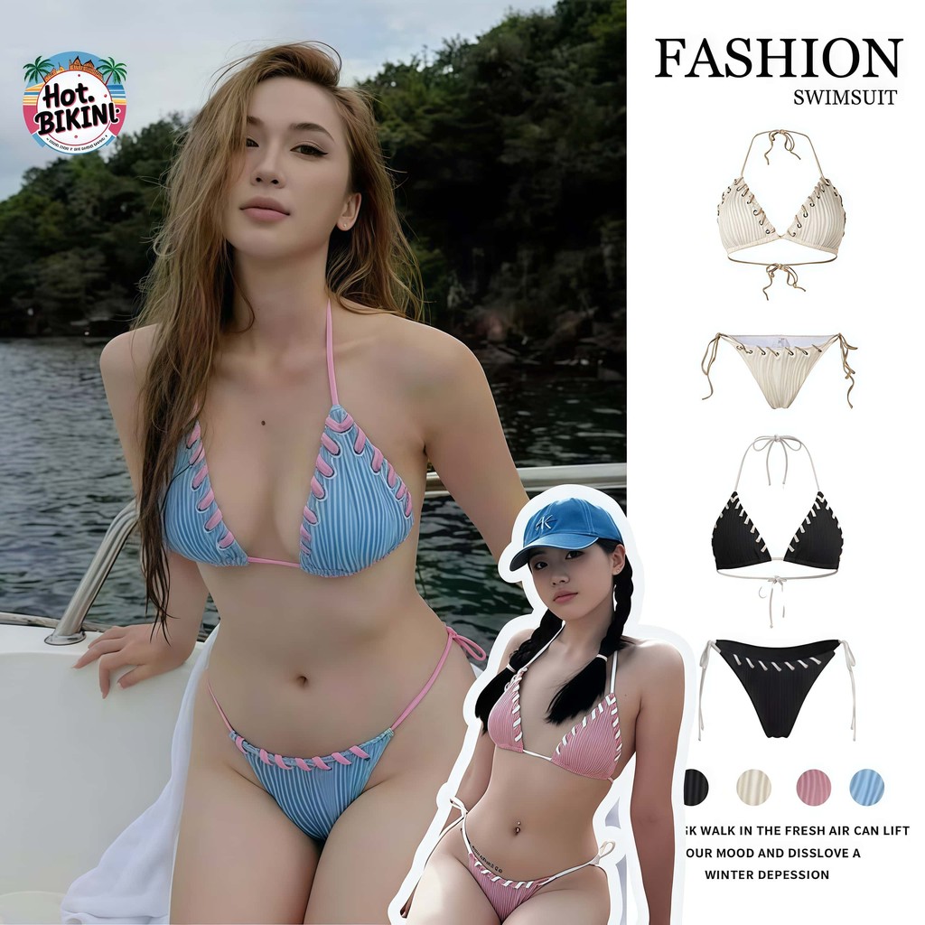 Hot.Bikini รุ่นใหม่ ชุดว่ายน้ำ bikini ชุด 2 ชิ้น เปิดหลัง คล้องคอ สายรัดด้านหลัง ชุดไปทะเล 4 สี พร้อมส่งจากไทย