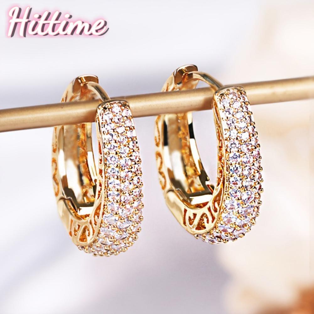 ต่างหู Hollow Gold สี Hoop สำหรับผู้หญิง หิน CZ ปักเต็มวง เครื่องประดับสำหรับงานพิเศษ E9Z7