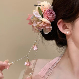 ในไทย-พร้อมส่ง✨ กิ๊บติดผมสไตล์โบราณลายดอกไม้ พู่ห้อยสีชมพู ดีไซน์หรูหรา ใช้หนีบด้านข้าง เหมาะกับชุดฮั่นฟูหรือฉีผาว