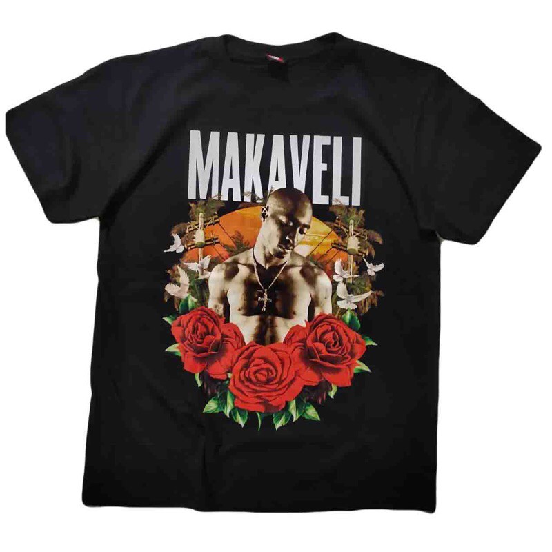 เสื้อยืดธีมฮิปฮอป Makaveli（2Pac） พิมพ์ลายกุหลาบย้อนยุค คอตตอน100% วัสดุผ้าคอตตอน มีหลายไซส์ให้เลือก