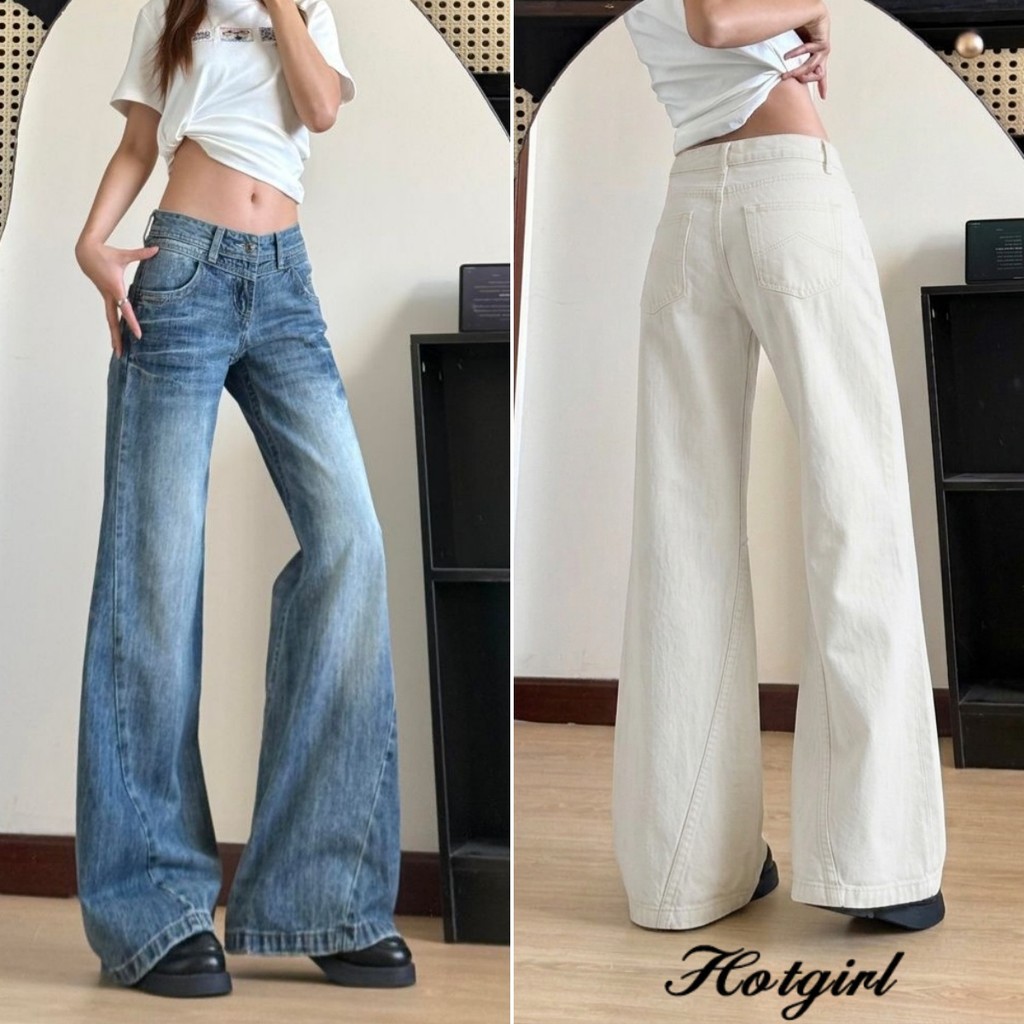 Hotgirl พร้อมส่ง กางเกงยีนส์ขายาวทรงตรงเอวต่ำสำหรับผู้หญิง S-2XL สไตล์ย้อนยุคเกาหลี ลำลองหลวมๆ