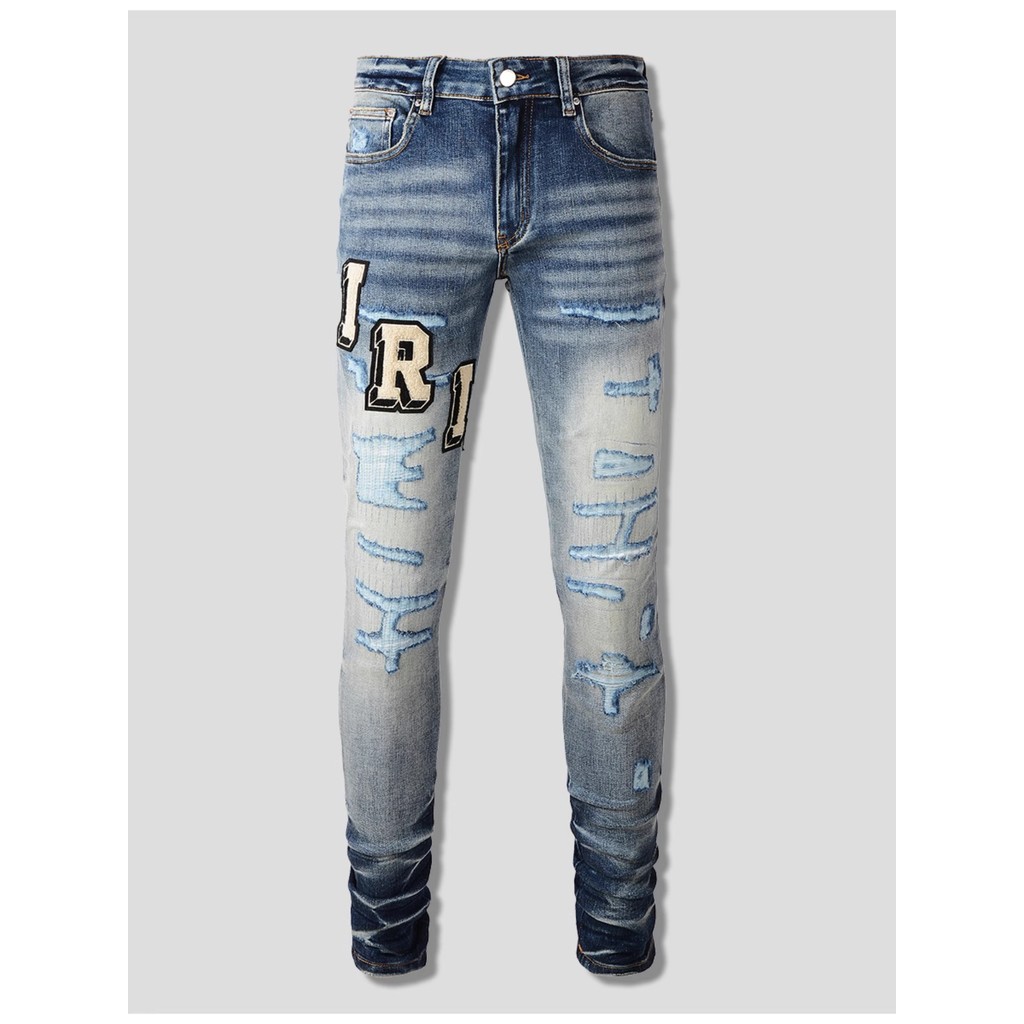 AMR Jeans กางเกง AMR กางเกงยีนส์ขาด High Street Ripped Skinny Blue Jeans
