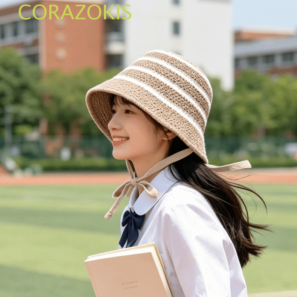 CORAZOKIS หมวกบักเก็ตลายทาง, หมวกถักกันแดดสีสันสดใส, Openwork Thin Breathable Hollow Out หมวกอ่างล้างหน้าป้องกันแสงแดด