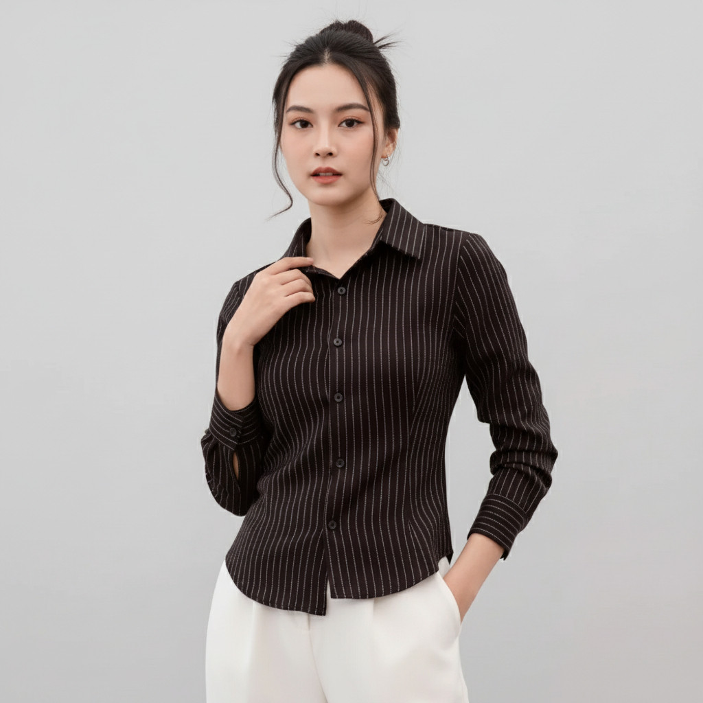 KEMEJA ELEGANT_ Stripe Wispie Girl Boss Shirt Womens Slim Fit Striped Body Shirt