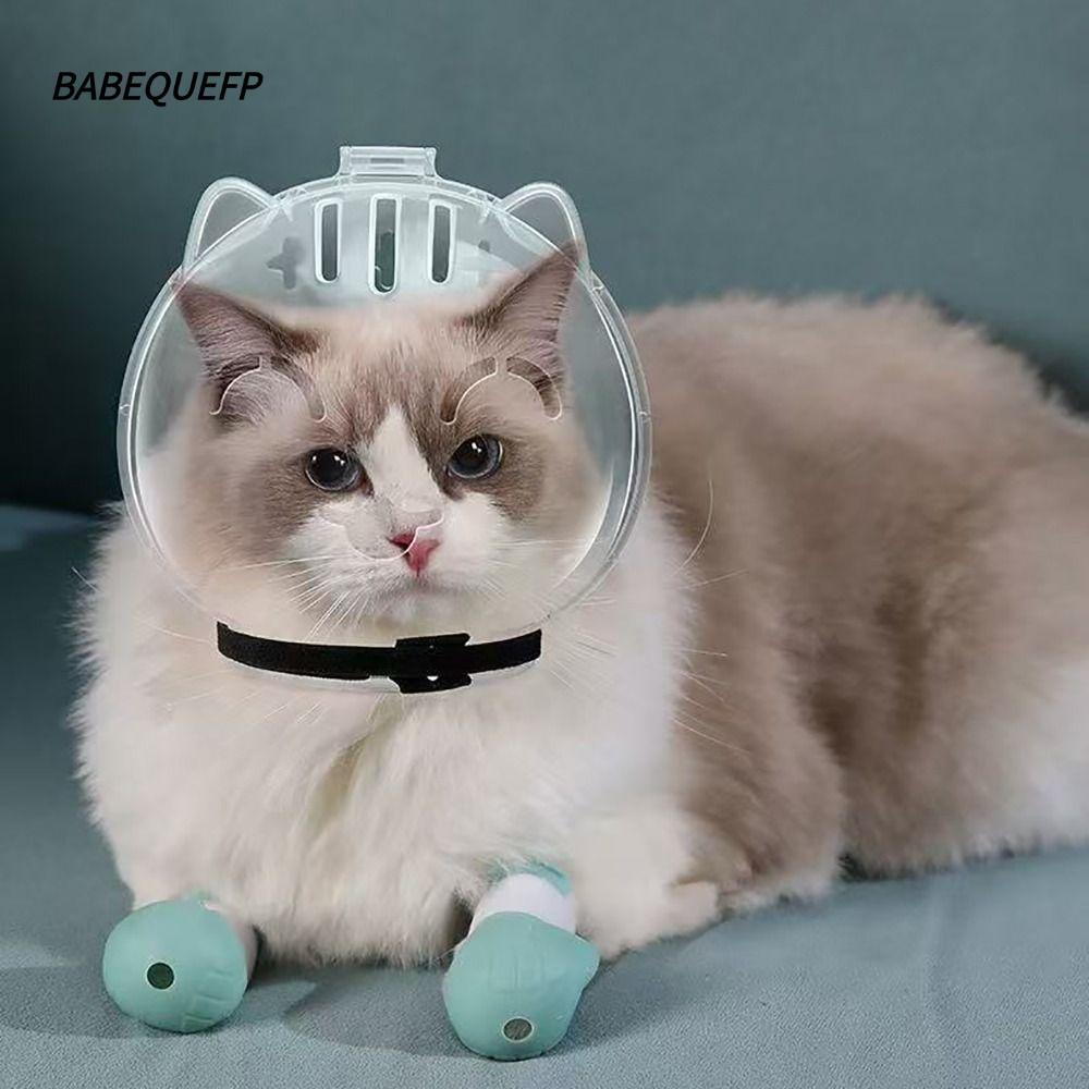 BABEQUEFP ตะกร้อแมวระบายอากาศ, ป้องกันรอยขีดข่วน Anti-Bite Cat Space Hood, อุปกรณ์กรูมมิ่งแมว Anti-Licking ฝาครอบหัวแมวโปร่งใส