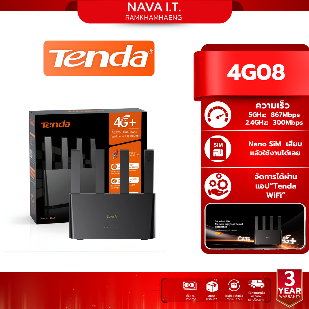 Tenda 4G08 AC1200 เราเตอร์ใส่ซิม Wireless Dual Band 4G CAT6 Router Wifi รองรับ 4G ทุกเครือข่าย