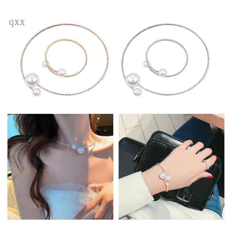 CH * 2 ชิ้นชุดคู่จําลอง-มุกเปิดสร้อยคอ Choker และสร้อยข้อมือชุด Party Accs