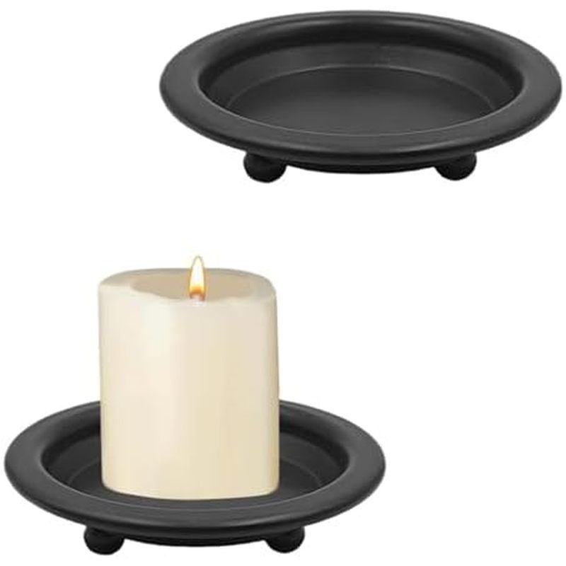 Matte Black Candle Plates 2 Piece Set - Iron Candle Holders for Pillar & Scented Candles, Metal Sauc