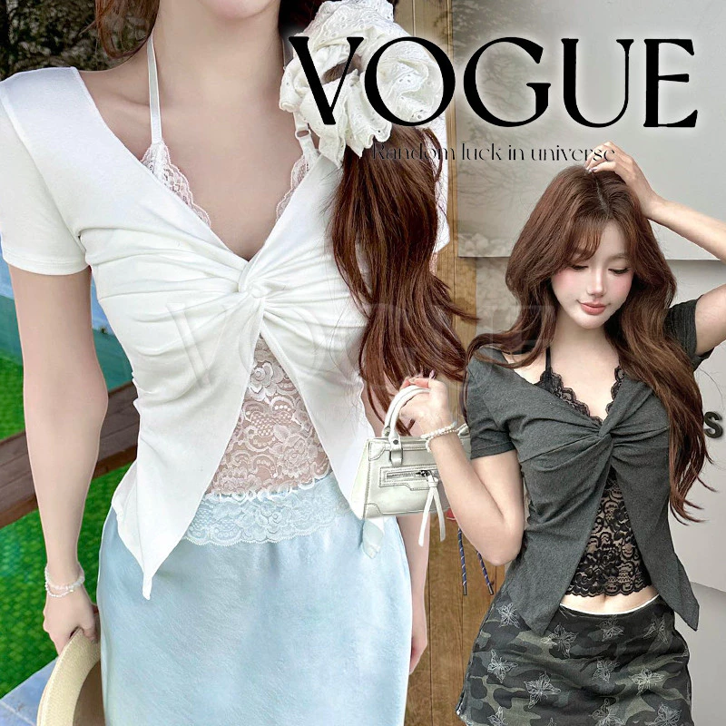 Vogue🌟พร้อมส่ง🌟 เสื้อครอปแขนสั้น ดีเทลแต่ง2ชั่น สไตล์เกาหลี มี3สีใส่สบาย (FY5633)