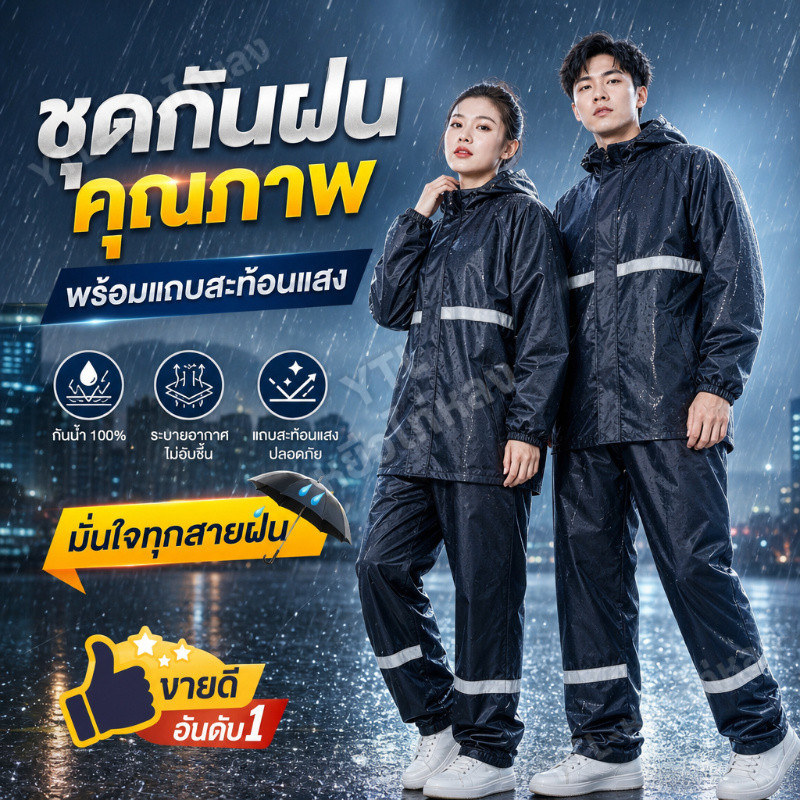 YTL ชุดกันฝนได้ครบเซ็ตเสื้อ+กางเกง ชุดกันฝนผู้ใหญ่ ชุดกันฝน เสื้อกันฝน มีแถบสะท้อนแสง รุ่น หมวกติดเสื้อ
