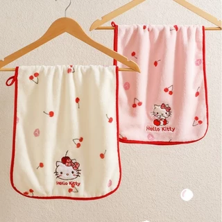 Hello Kitty Cherry Series ชุดเดรสอาบน้ําขนแกะปะการังสามารถสวมใส่สามารถห่อน้ําดูดซับน้ําแห้งเร็วเสื้อคลุมอาบน้ําสไตล์เจ้าหญิงน่ารัก