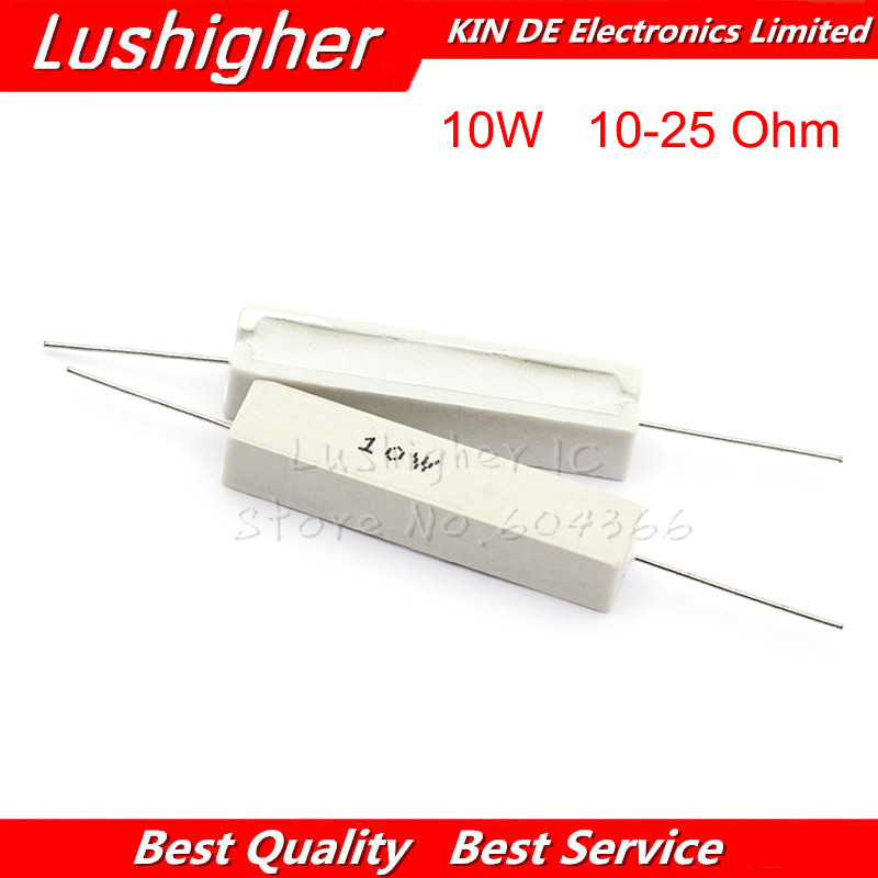 10 ชิ้น 10 วัตต์ตัวต้านทานซีเมนต์ 10 15 20 25 โอห์ม 10R 15R 20R 25R