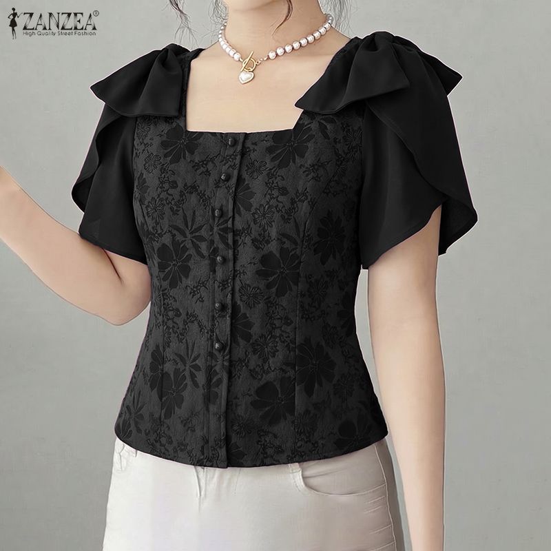 ZANZEA เสื้อกลีบแขนสั้นแบบเกาหลี ทรงสแควร์คอดีไซน์ทันสมัย กับซิปด้านข้างสำหรับผู้หญิง — صورة 6