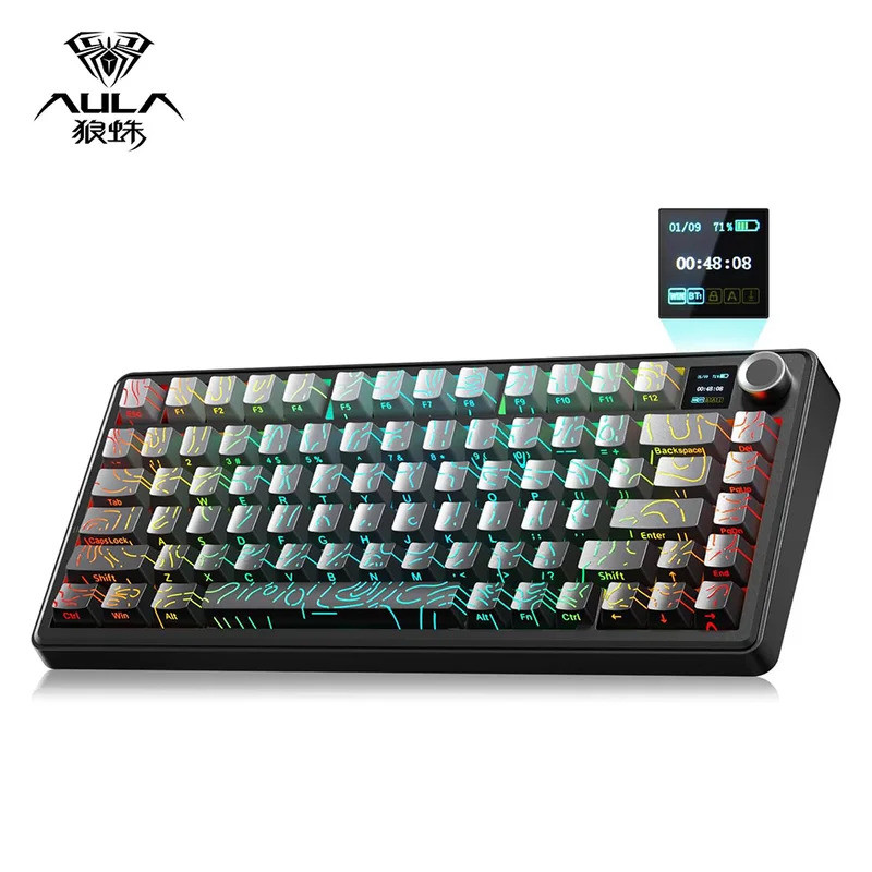 Aula F75 MAX คีย์บอร์ดเกมไร้สายพร้อมหน้าจอดิจิตอลอัจฉริยะและลูกบิด 75% Hot Swappable 3 โหมด RGB Back