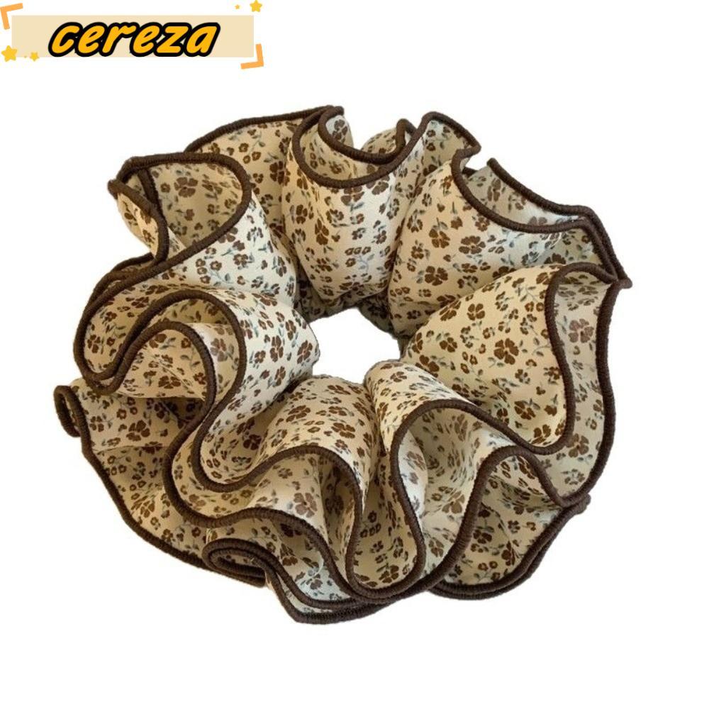 CEREZA บิ๊กซาติน Scrunchies ลายดอกไม้Vintage, อุปกรณ์เสริมผมชีฟอง สีน้ำตาล