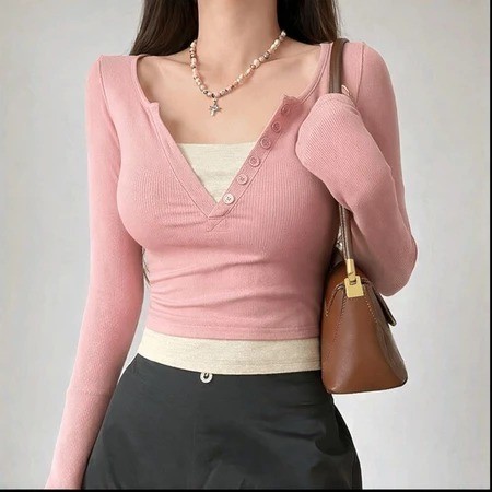 BK - ZER HELENA TOP RIB / LONGSLEEVE HENLEY Knit Blouse สไตล์เกาหลี