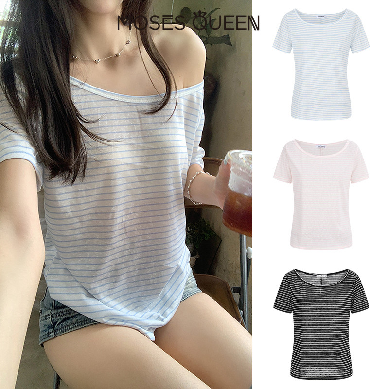 MOSESQUEEN เสื้อสูทแขนสั้นคอเสื้อกาวยีนลายเส้น ผิวเนียน น้ำหนักเบา ระบายอากาศได้ดี เหมาะสำหรับใส่ประจำวัน #63604