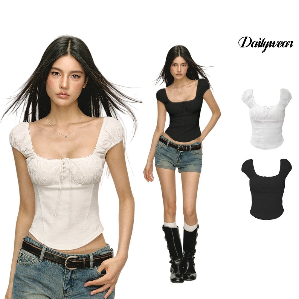 Dailywear พร้อมส่ง ✨ สาวฮอต ทรงเข้ารูป เสื้อยืดคอเหลี่ยม เสื้อแขนสั้นฤดูร้อน เสื้อแขนพอง