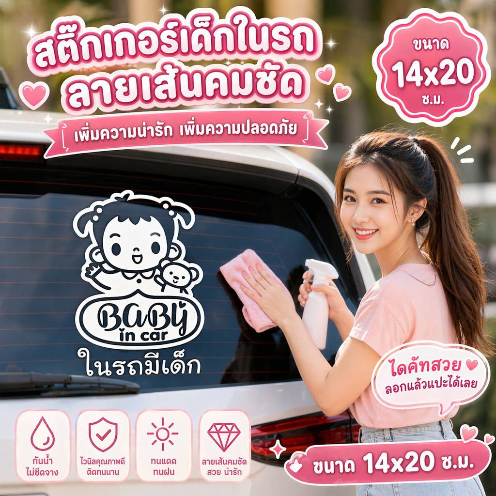 สติ๊กเกอร์ตัด ในรถมีเด็ก BABY IN CAR สไตล์เกาหลี รุ่น KORC-005 ไดคัทแท้ ขนาด 14x20 ซ.ม.