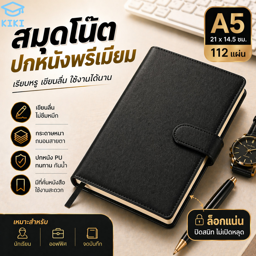KIKI สมุดโน๊ตปกหนัง A5 แบบแม่เหล็ก สมุดบันทึก สมุดไดอารี่ กระดาษหนา 112 แผ่น เขียนลื่น ไม่ซึม Notebook Journal