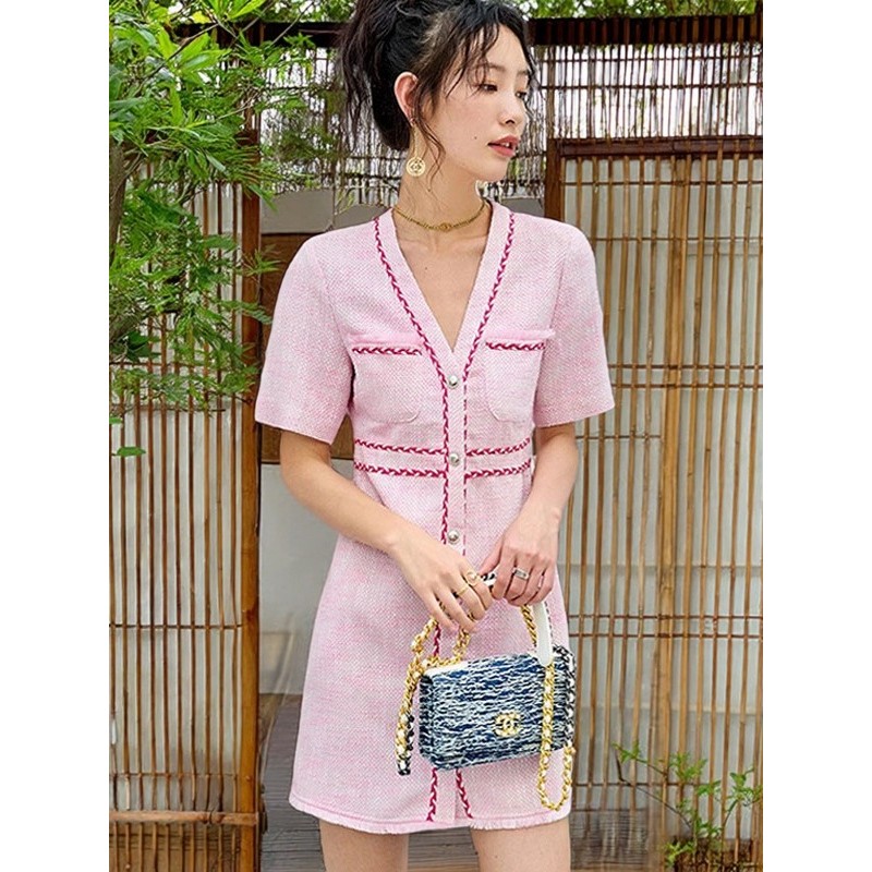 Ums Home Imported Floral Gauze Custom-ทอ Tweed สีชมพู V คอ Slimmer ดูแขนสั้น Tweed ชุดกลิ่นหอมขนาดเล