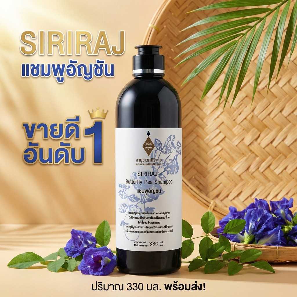 SIRIRAJ แชมพูอัญชัน Butterfly Pea Shampoo แชมพูสมุนไพร ลดผมร่วง บำรุงรากผม หนังศีรษะแข็งแรง ผมนุ่มเงางาม 330ml