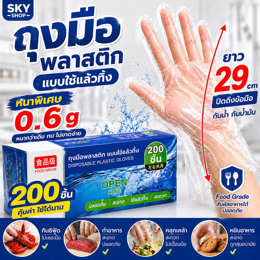 SKY ถุงมือพลาสติกใช้แล้วทิ้ง 200 ชิ้น หนาพิเศษ 0.6g ยาว29cm ปิดข้อมือ Food Grade ถุงมือทำอาหาร Disposable Plastic Gloves