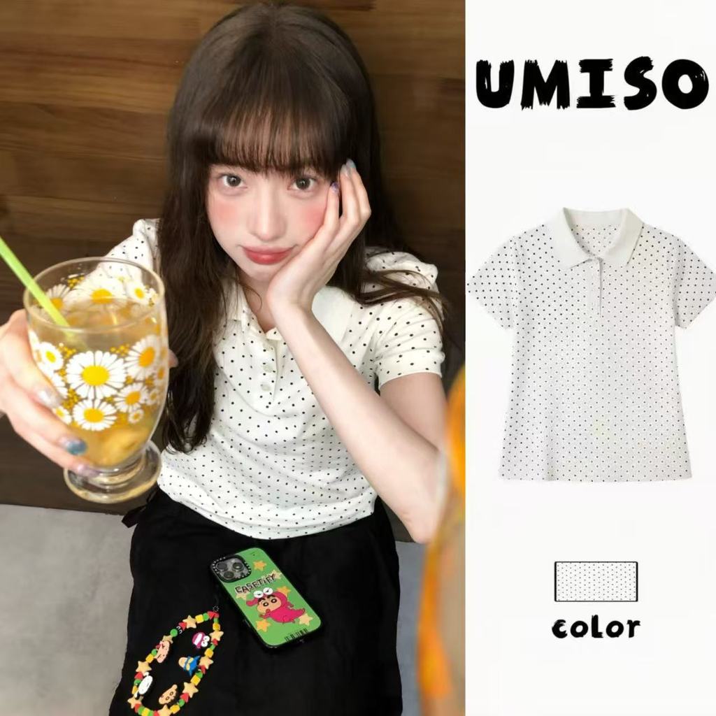 UMISO ส่งไวจากไทย เสื้อโปโลผู้หญิง ลายจุด แขนสั้น คอปก ใส่สบาย สไตล์ลำลอง แมทช์ง่าย