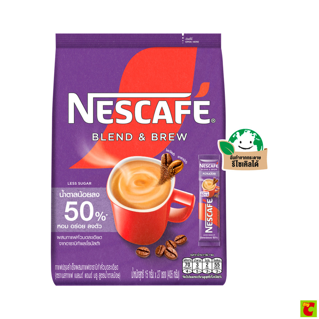 เนสกาแฟ เบลนด์ แอนด์ บรู กาแฟปรุงสำเร็จ สูตรน้ำตาลน้อย 15 ก. แพ็ค 27