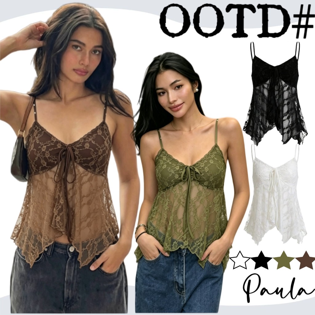 Paula พร้อมส่ง🌴เสื้อสายเดียวผ้าลูกไม้โปร่งใส🌴คอวีดีไซน์โบว์หน้า เสื้อครอปทรงสวยสไตล์สาวฮอตสำหรับเดินเที่ยวคาเฟ่