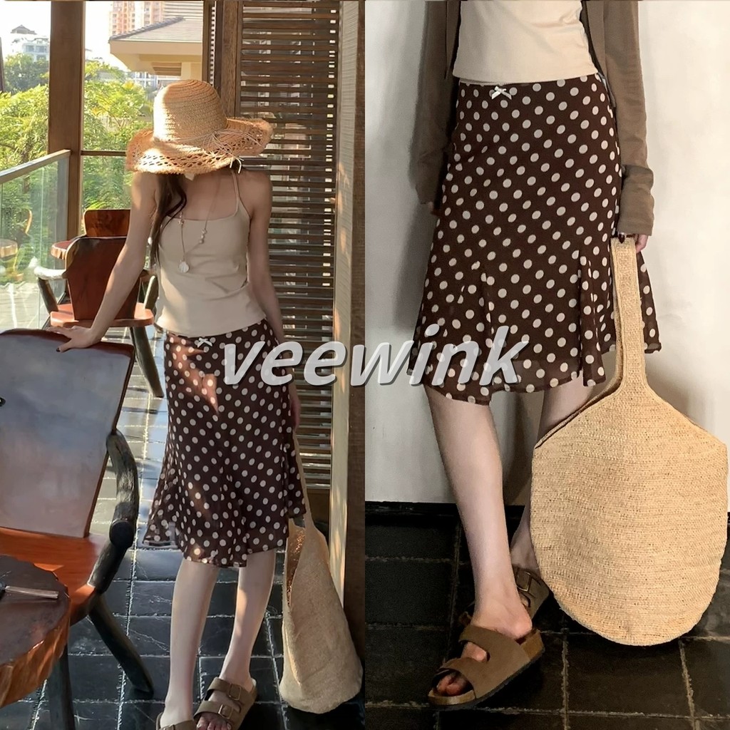 Veewink skirt กระโปรงสั้นหางปลา ลายจุดสีน้ำตาล เอวสูงทรงเอ สาวตัวเล็กใส่ปัง ลดน้ำหนัก