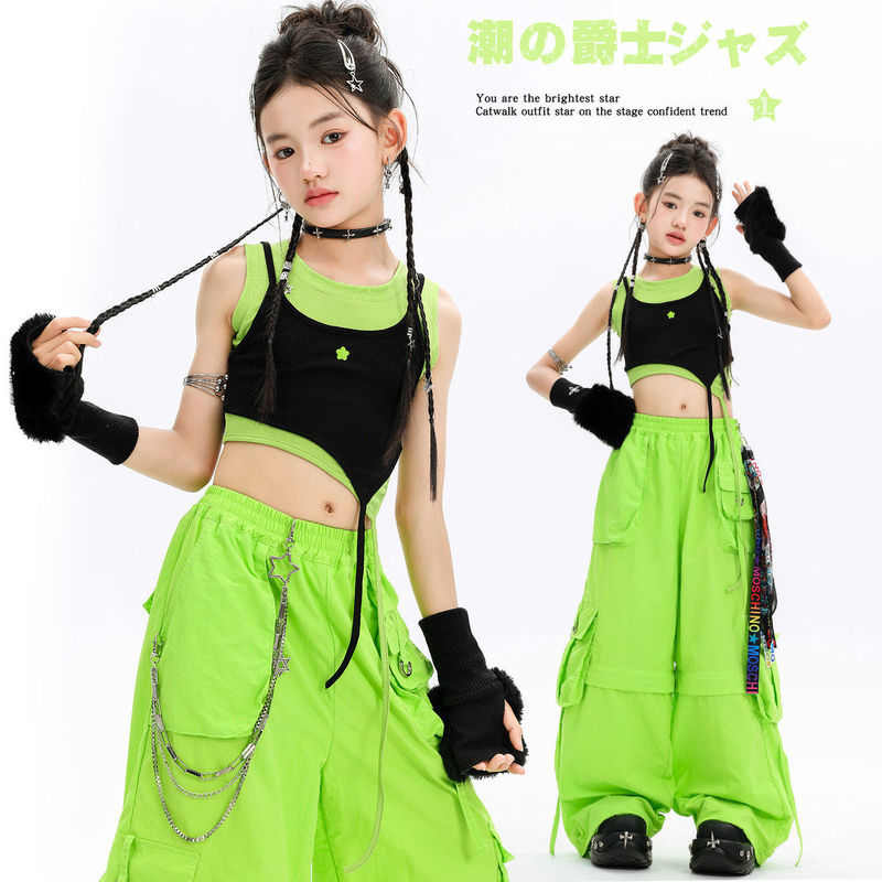 พร้อมสต็อก100-175เซนติเมตรสาวแจ๊สแดนซ์ประสิทธิภาพเครื่องแต่งกายเด็กสีดําสีเขียวปลอมสองชิ้นด้านบนหลวมชุดฤดูร้อนเด็กใหญ่แฟชั่นประสิทธิภาพเครื่องแต่งกายแจ๊สชุดแข่งขัน ZX675