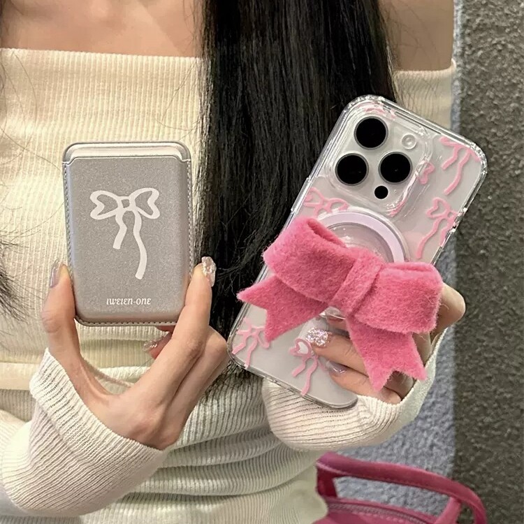 magnetic wallet magsafe wallet โบว์สีชมพูแม่เหล็กผู้ถือบัตรเหมาะสําหรับ vivoiQOO12/11s/1097 เคสโทรศั