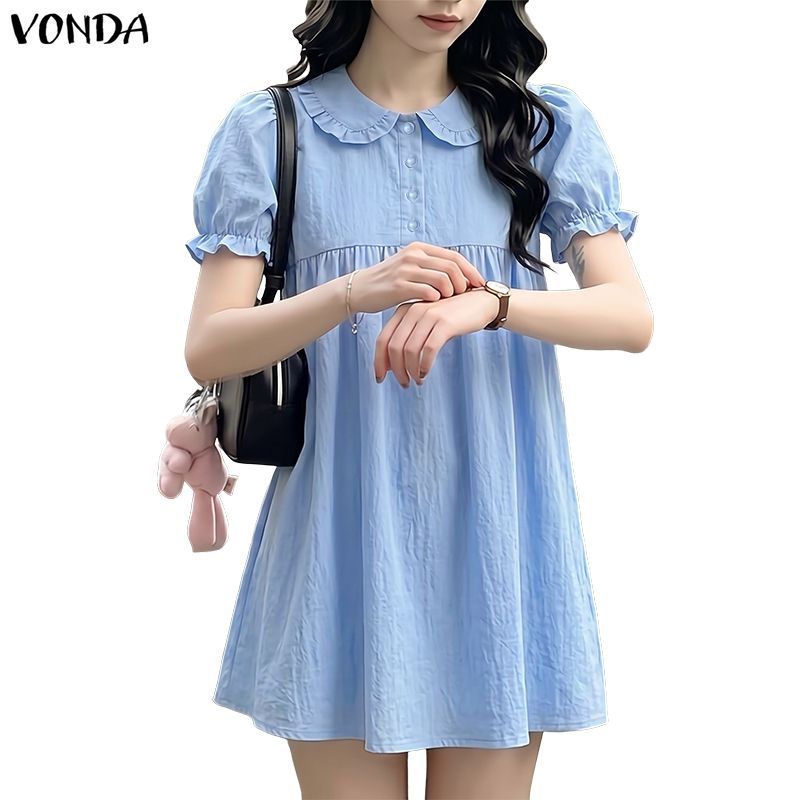 VONDA ผู้หญิงเกาหลีสไตล์ Girlish ปก Peter Pan คอปุ่มสีทึบหลวม Preppy สไตล์ Ruffle Edge ชุด