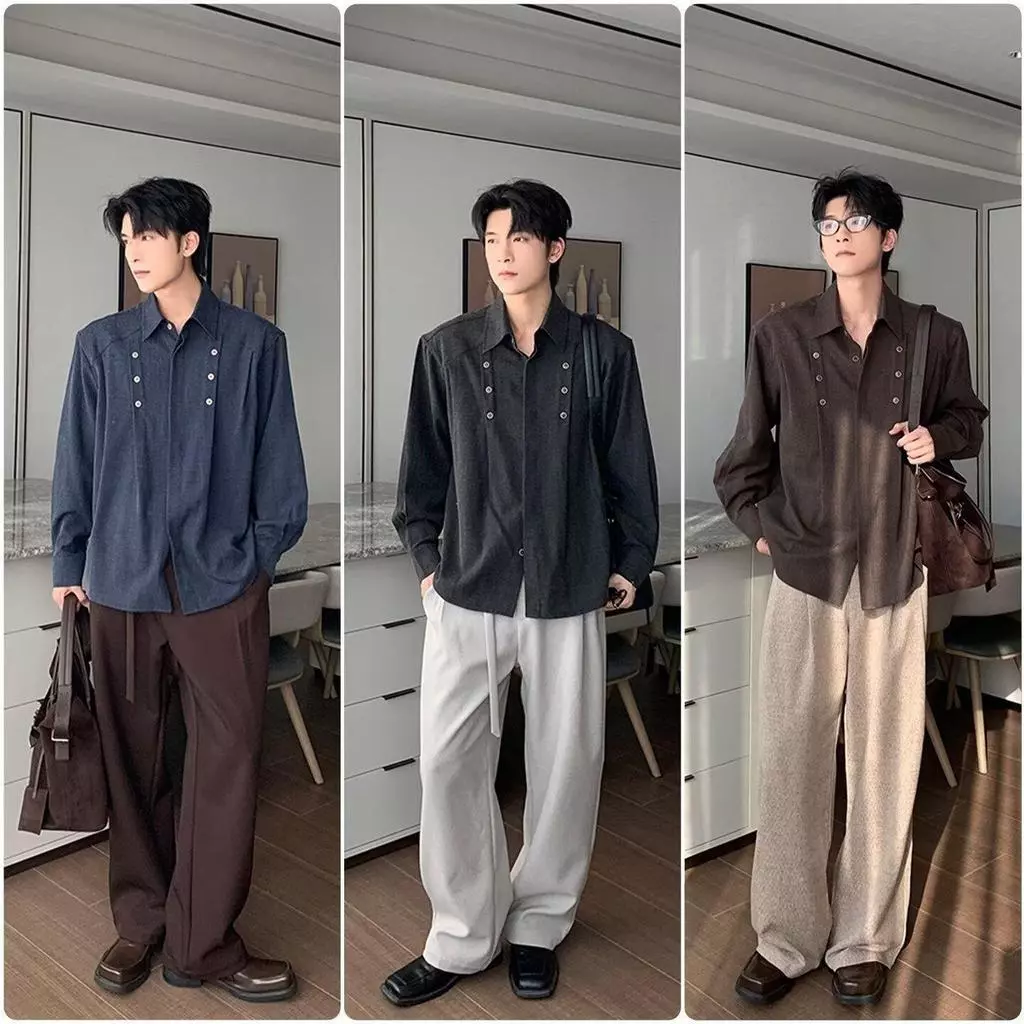 MNO.9 Shirt C85 เสื้อเชิ้ตOversize คอปก แขนยาว สไตล์วินเทจ90s' มินิมอล แต่งกระดุมหน้า เชิ๊ตแขนยาว Man ผู้ชาย Clothing