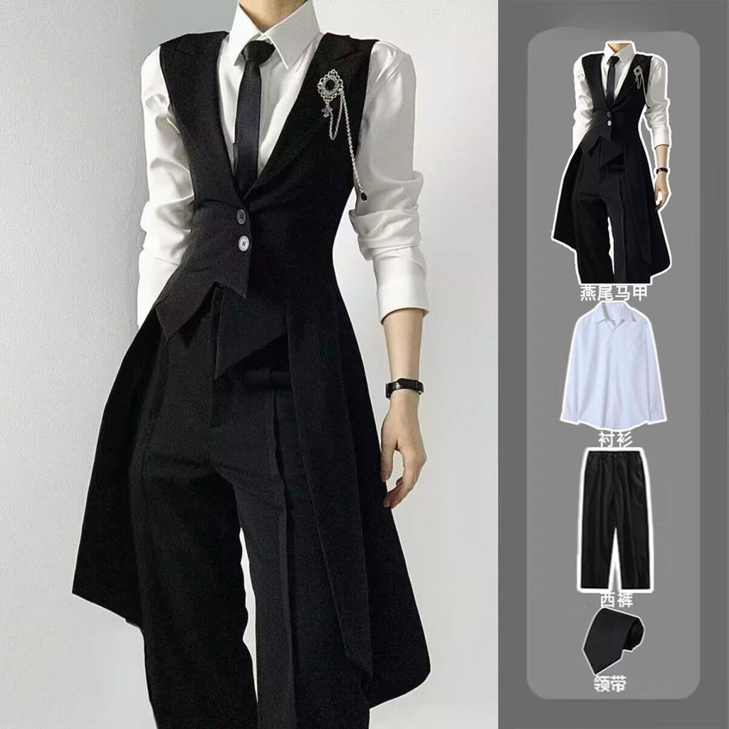 เสื้อกั๊กยาวสไตล์ Tuxedo สีดํา Ruffian หล่อ Unisex High-end Slim-fit Preppy