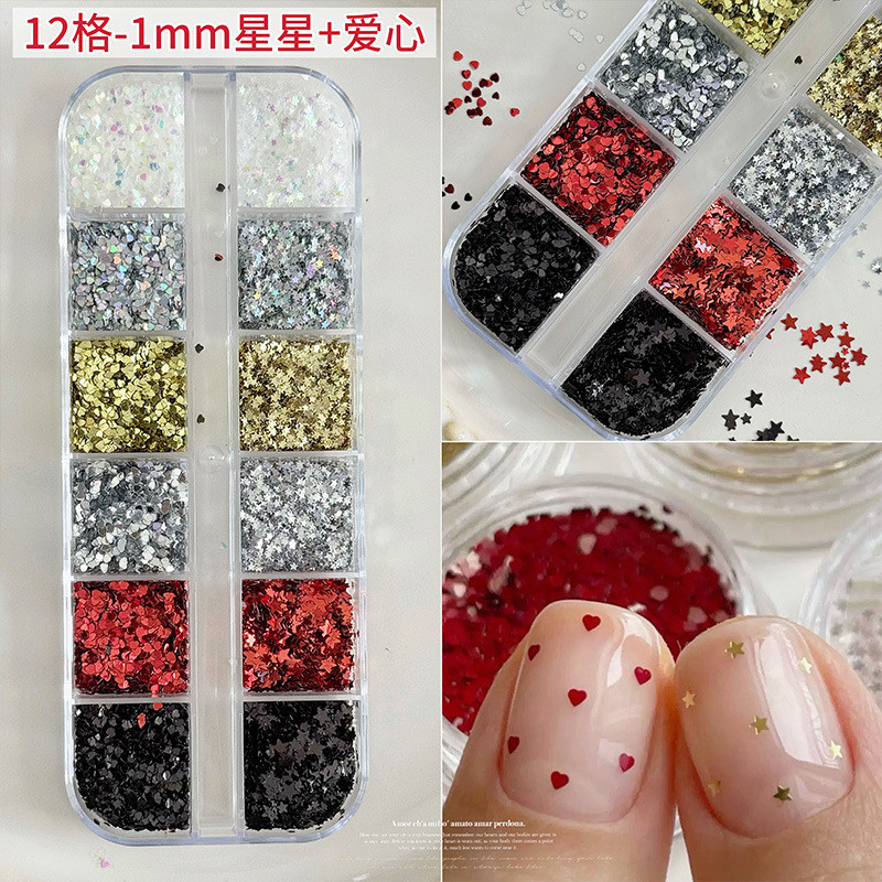 12 กริด 1 มม.Love Sequins อุปกรณ์ทําเล็บ Influencer Strobe Mini Five-pointed Star diy ตกแต่งเล็บ Star Glitter