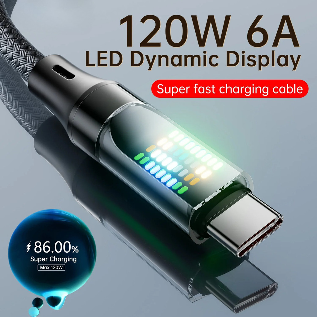 120W Type C สายชาร์จเร็ว 6A USB A ถึง Type C สายเคเบิลข้อมูลไนลอนพร้อมจอแสดงผล Led สาย USB C ราคาถูก Shopee Lazada