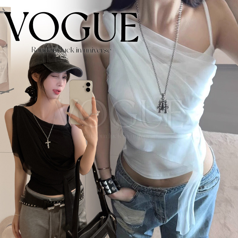 Vogue พร้อมส่ง เสื้อซีทรูปาดไหล่ ดี้ทลเก๋เรียบๆ ใส่สบายเข้ารูป มีฟองน้ำในตัว (FY6185)