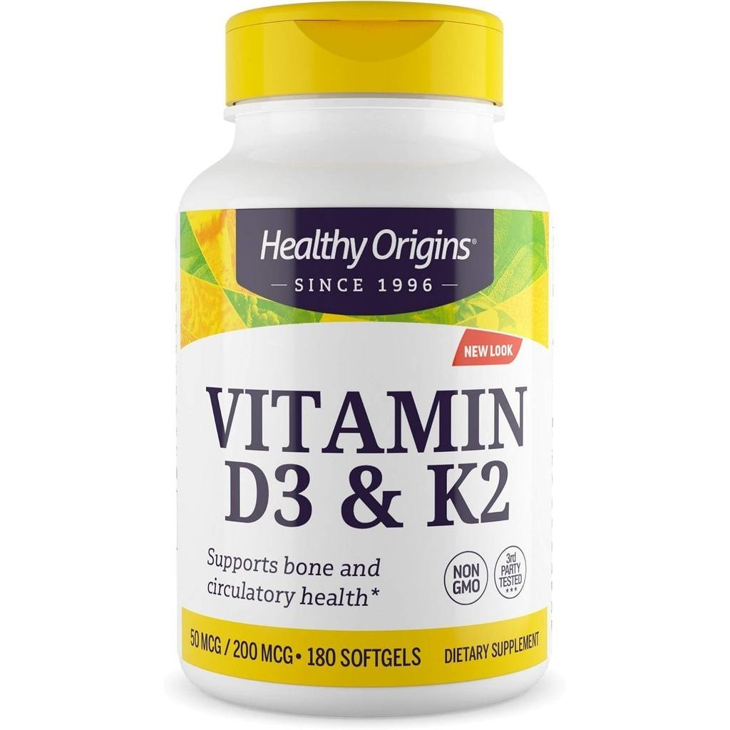 Healthy Origins D3 2000 IU (50 mcg) & K2 200 mcg (MK7) 180 Liquid Softgels Synergy สําหรับการดูดซึมแ
