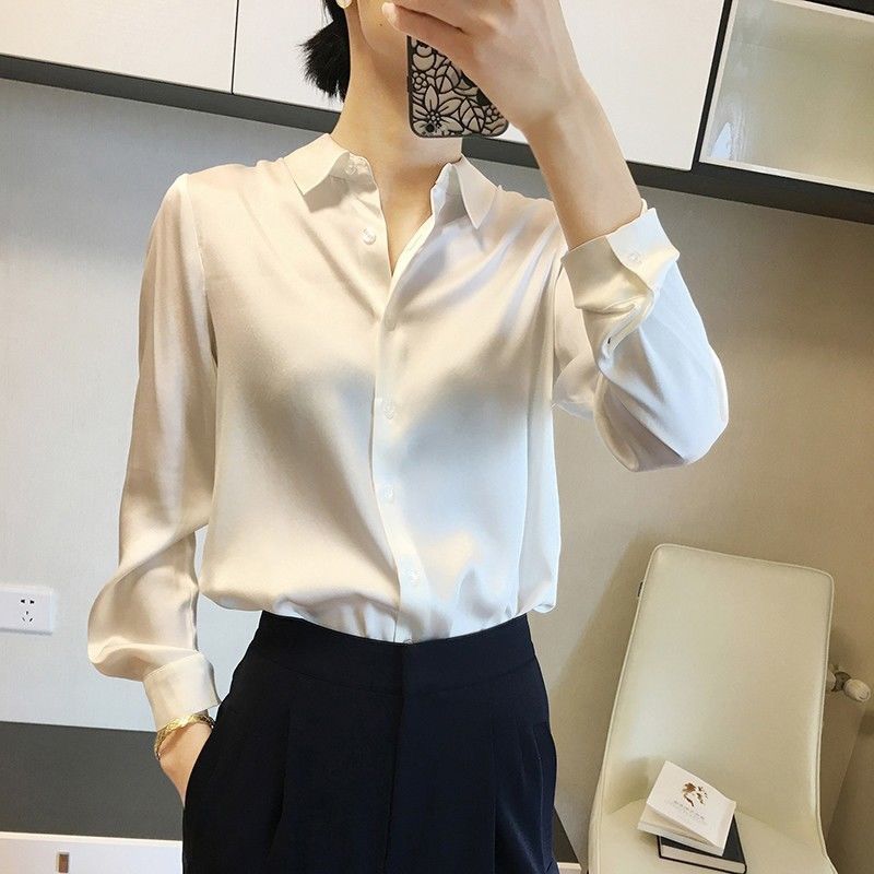 Face จําลองผ้าไหมเสื้อผู้หญิงฤดูใบไม้ร่วงใหม่เสื้อ High-End Top ผู้หญิง POLO Collar