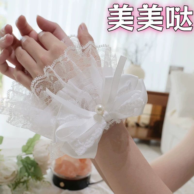Lolita ลูกไม้ Pearl Bow Sleeve สาวหวาน JK สายรัดข้อมือสร้อยข้อมือคอสเพลย์ Cuffs 5.6 ddd