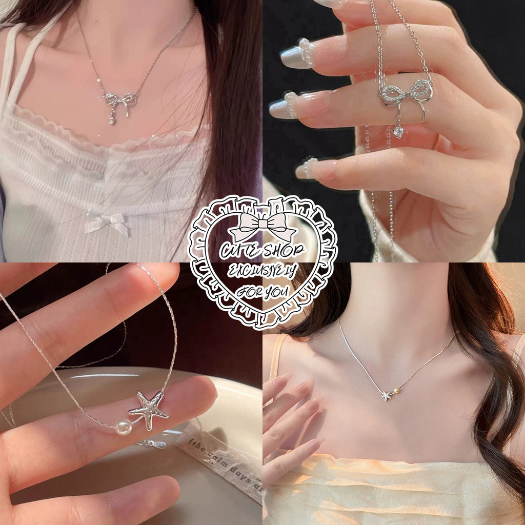 สร้อยคอผู้หญิง  สไตล์เกาหลี ทันสมัย  รูปปลาดาว ไข่มุก โบว์  สีเงิน สไตล์หวาน  ฤดูร้อน  เซ็กซี่  ป้องกันการเกิดออกซิเดชัน