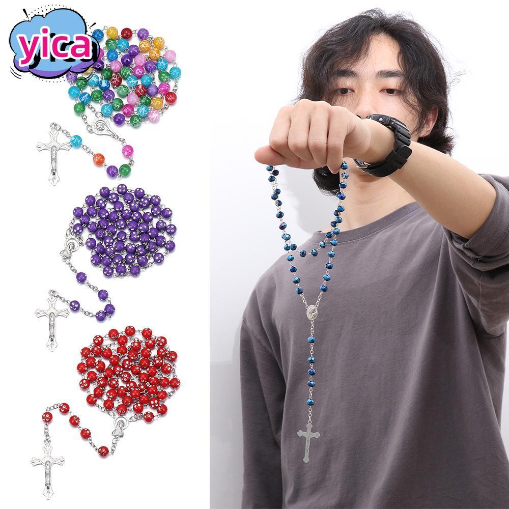 YICA 1 PC สร้อยคอลูกปัดลูกประคําชุดจี้ข้ามลูกประคํา