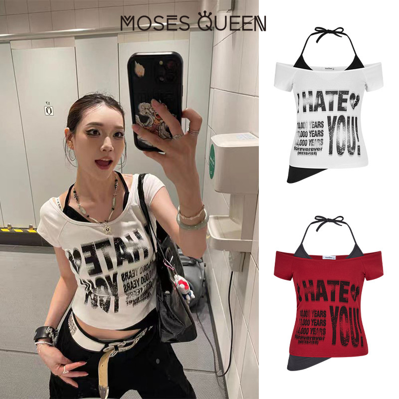 MOSESQUEEN เสื้อยืดแขนสั้นคู่สไตล์ โมส ราชินี สร้อยคอสําหรับผู้หญิงฤดูร้อนทรงเข้ารูปและเพิ่มหุ่นดีไซน์ไม่สม่ําเสมอด้านบน #63691